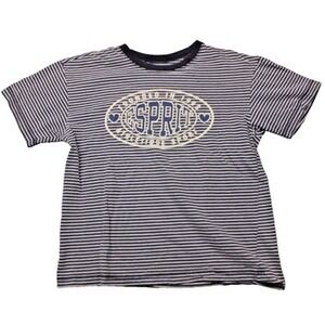 VTG 80s Esprit Kids Stripped T-Shirt XL USA Made Spellout Graphic White Blue